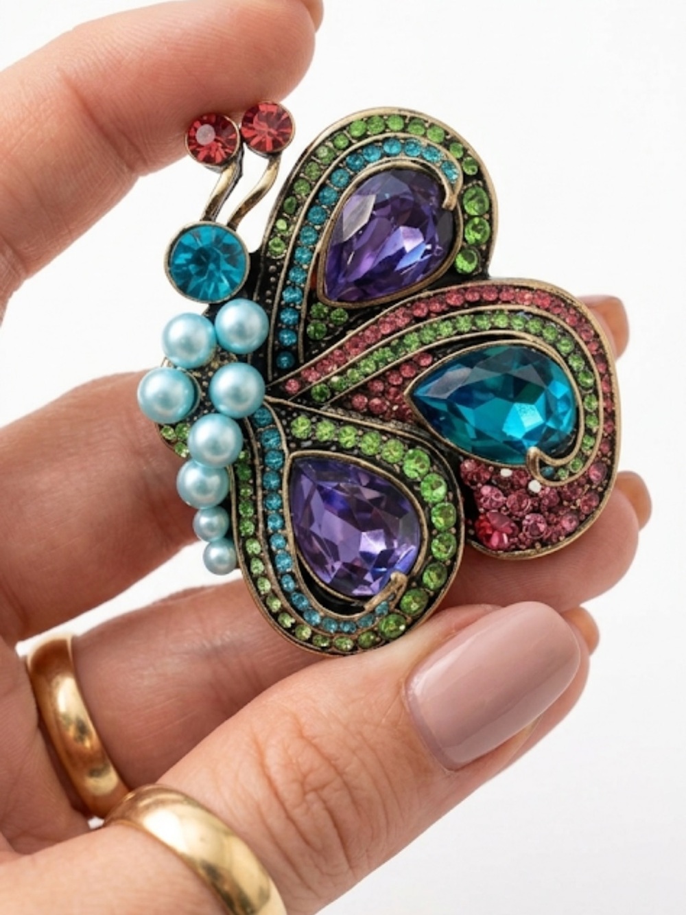 Butterfly Brooch Pin Multicolor Rhinestone Crystal Faux Pearl Vintage Style New - Picture 6 of 8